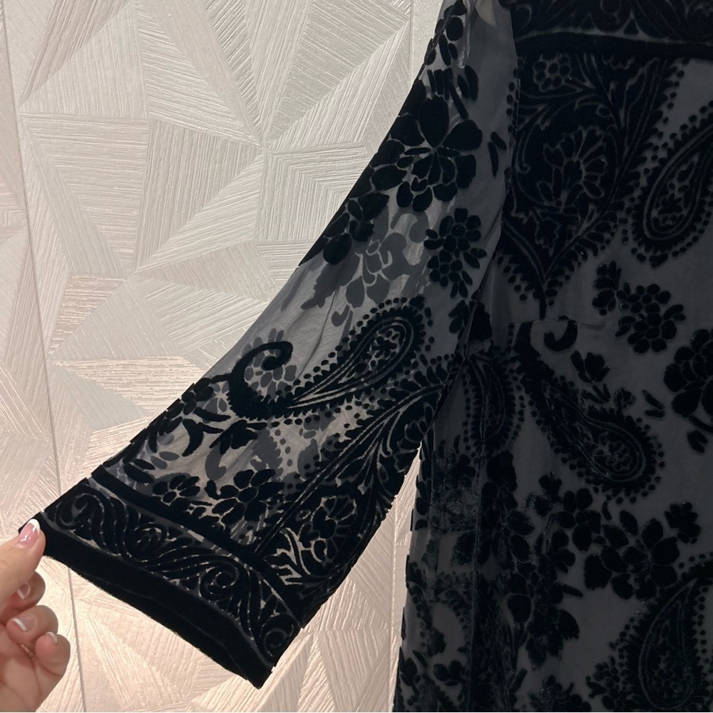 Donna Morgan Burnout Paisley Dress Black Rayon Silk Velvet Shift Lined Size 16 - Picture 4 of 9